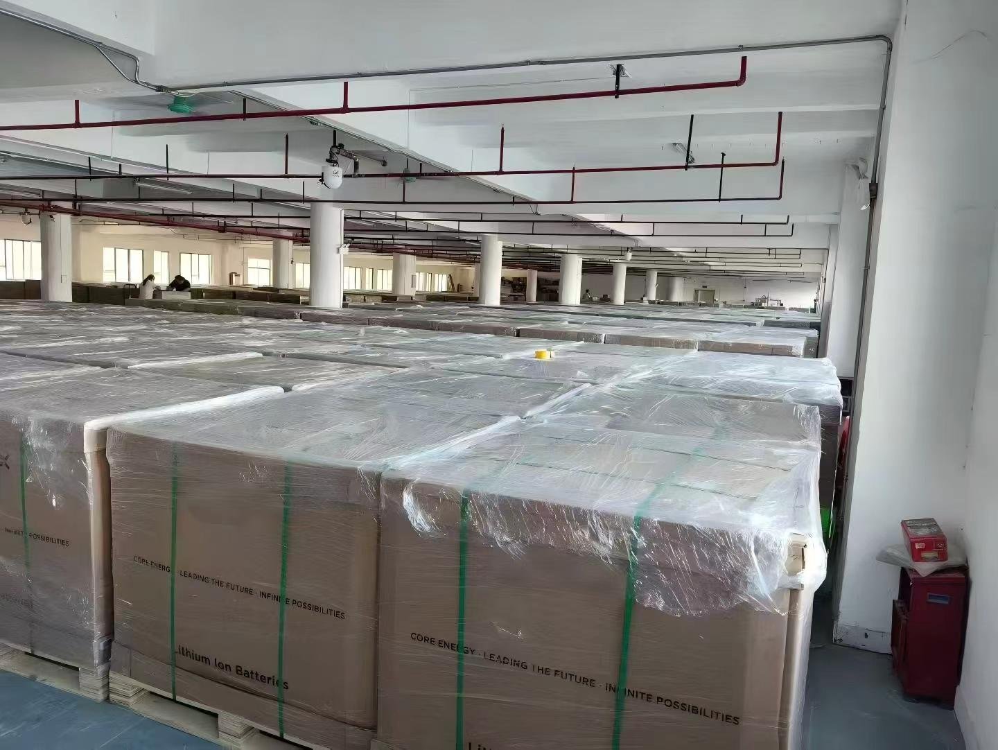 Vosray Energy warehouse — palletized lithium-ion battery cells ready for shipment